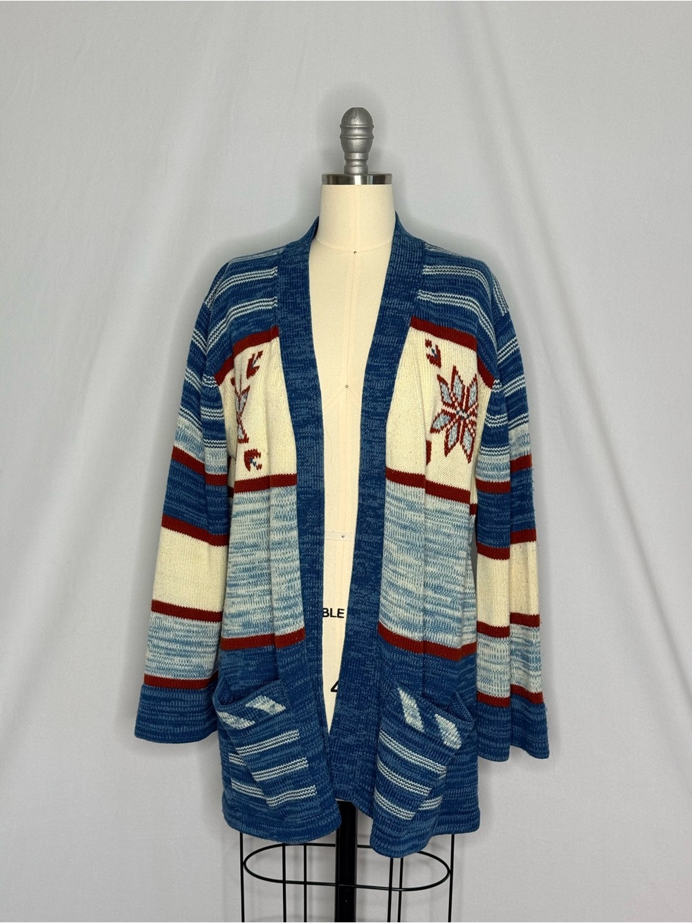Vintage 70s Monarch Knits Nordic Fair Isle Cardigan Sweater Blue Red 46
